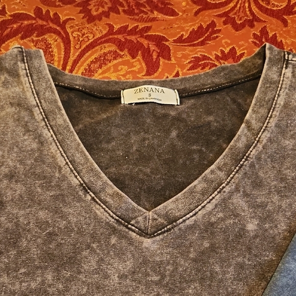 2 Zenana Outfitters V-Neck Tees - Stone-Washed Dark Gray and Blue, Small - Picture 3 of 10